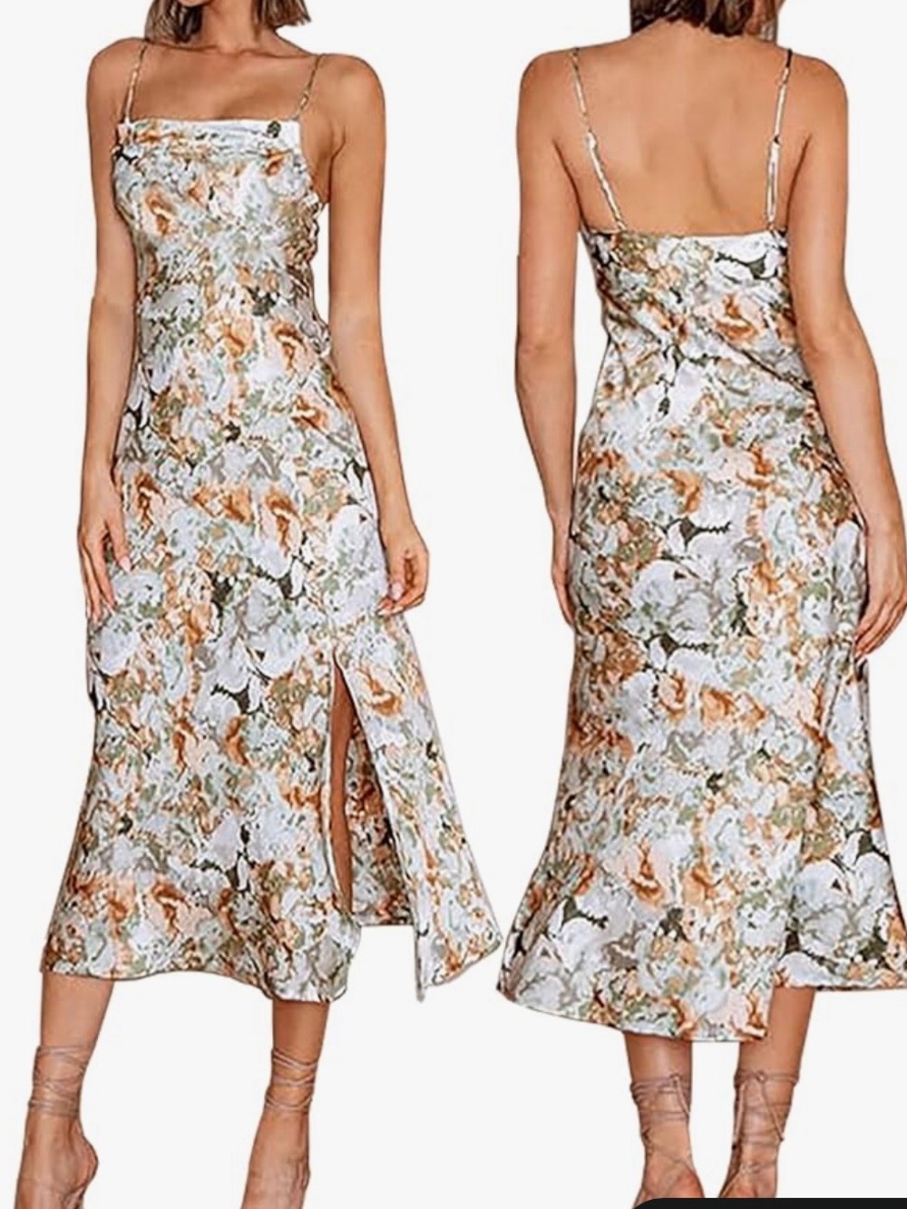 Floral Slip Midi Dress in White and Tan